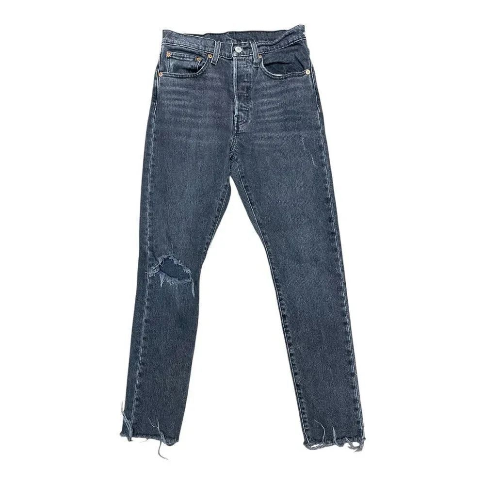 Levi’s 501 Button Fly Skinny Distressed Black Denim Jeans Sz S High Waist
